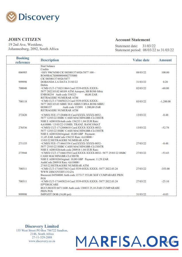 Blank South Africa Discovery bank statement word sample
